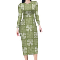 Vesuvian Green Palaka Quilt Hawaii Family Matching Long Sleeve Bodycon Dress and Hawaiian Shirt Traditional Hawaii-plaid Pattern - Polynesian Pride