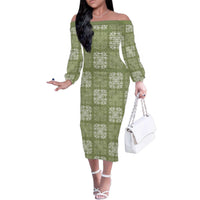 Vesuvian Green Palaka Quilt Hawaii Family Matching Off The Shoulder Long Sleeve Dress and Hawaiian Shirt Traditional Hawaii-plaid Pattern LT14 Mom's Dress Vesuvian Green - Polynesian Pride