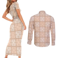 Beige Palaka Quilt Hawaii Couples Matching Short Sleeve Bodycon Dress and Long Sleeve Button Shirt Traditional Hawaii-plaid Pattern - Polynesian Pride