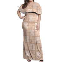 Beige Palaka Quilt Hawaii Off Shoulder Maxi Dress Traditional Hawaii-plaid Pattern - Polynesian Pride
