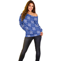 Royal Blue Palaka Quilt Hawaii Off Shoulder Sweater Traditional Hawaii-plaid Pattern - Polynesian Pride