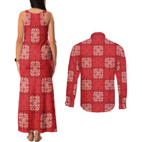 Red Palaka Quilt Hawaii Couples Matching Tank Maxi Dress and Long Sleeve Button Shirt Traditional Hawaii-plaid Pattern - Polynesian Pride