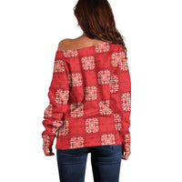 Red Palaka Quilt Hawaii Off Shoulder Sweater Traditional Hawaii-plaid Pattern - Polynesian Pride