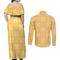 Yellow Palaka Quilt Hawaii Couples Matching Off Shoulder Maxi Dress and Long Sleeve Button Shirt Traditional Hawaii-plaid Pattern - Polynesian Pride