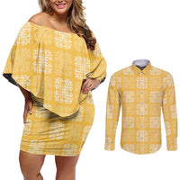 Yellow Palaka Quilt Hawaii Couples Matching Off Shoulder Short Dress and Long Sleeve Button Shirt Traditional Hawaii-plaid Pattern - Polynesian Pride