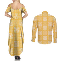 Yellow Palaka Quilt Hawaii Couples Matching Summer Maxi Dress and Long Sleeve Button Shirt Traditional Hawaii-plaid Pattern - Polynesian Pride