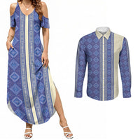 Mabuhay Philippines Festival Couples Matching Summer Maxi Dress and Long Sleeve Button Shirt Yakan Modern Filipiniana Inspired