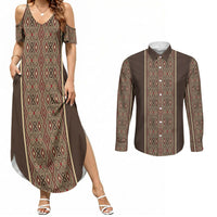 Mabuhay Philippines Festival Couples Matching Summer Maxi Dress and Long Sleeve Button Shirt Tnalak Modern Filipiniana Inspired