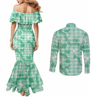 Omaomao Aloha Hawaii Couples Matching Mermaid Dress and Long Sleeve Button Shirt Plumeria Lei With Palaka Motif - Polynesian Pride