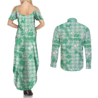 Omaomao Aloha Hawaii Couples Matching Summer Maxi Dress and Long Sleeve Button Shirt Plumeria Lei With Palaka Motif - Polynesian Pride
