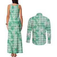 Omaomao Aloha Hawaii Couples Matching Tank Maxi Dress and Long Sleeve Button Shirt Plumeria Lei With Palaka Motif - Polynesian Pride