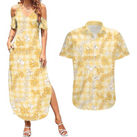 Melemele Aloha Hawaii Couples Matching Summer Maxi Dress and Hawaiian Shirt Plumeria Lei With Palaka Motif - Polynesian Pride