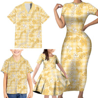 Melemele Aloha Hawaii Family Matching Short Sleeve Bodycon Dress and Hawaiian Shirt Plumeria Lei With Palaka Motif - Polynesian Pride