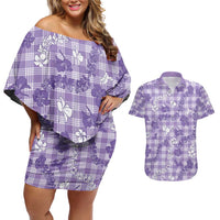 Poni Aloha Hawaii Couples Matching Off Shoulder Short Dress and Hawaiian Shirt Plumeria Lei With Palaka Motif - Polynesian Pride