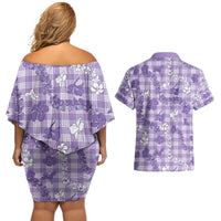 Poni Aloha Hawaii Couples Matching Off Shoulder Short Dress and Hawaiian Shirt Plumeria Lei With Palaka Motif - Polynesian Pride