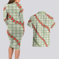 Omaomao Aloha Hawaii Couples Matching Long Sleeve Bodycon Dress and Hawaiian Shirt Rosebud Lei With Palaka Motif - Polynesian Pride