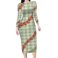 Omaomao Aloha Hawaii Long Sleeve Bodycon Dress Rosebud Lei With Palaka Motif - Polynesian Pride