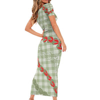Omaomao Aloha Hawaii Short Sleeve Bodycon Dress Rosebud Lei With Palaka Motif - Polynesian Pride