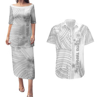 Samoa White Sunday Couples Matching Puletasi Dress and Hawaiian Shirt Manuia le Aso Sa o Tamaiti Polynesian Plumeria LT14 White - Polynesian Pride
