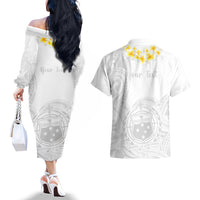 Personalised Samoa White Sunday Couples Matching Off The Shoulder Long Sleeve Dress and Hawaiian Shirt Lotu Tamaiti 2023 With Coat Of Arms LT14 - Polynesian Pride