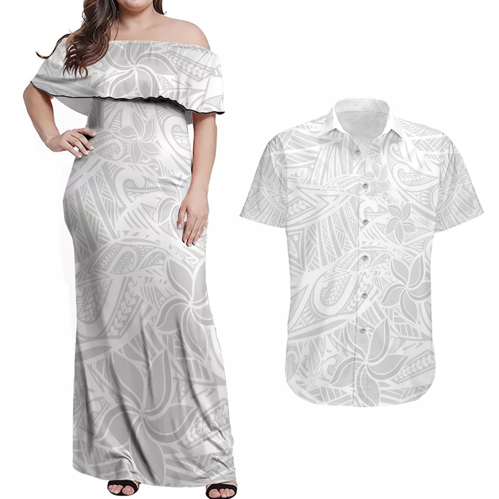Polynesia White Sunday Couples Matching Off Shoulder Maxi Dress and Hawaiian Shirt Polynesian Pattern With Tropical Flowers LT14 White - Polynesian Pride