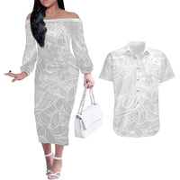 Polynesia White Sunday Couples Matching Off The Shoulder Long Sleeve Dress and Hawaiian Shirt Polynesian Pattern With Tropical Flowers LT14 White - Polynesian Pride