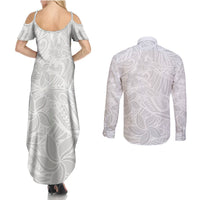 Polynesia White Sunday Couples Matching Summer Maxi Dress and Long Sleeve Button Shirts Polynesian Pattern With Tropical Flowers LT14 - Polynesian Pride