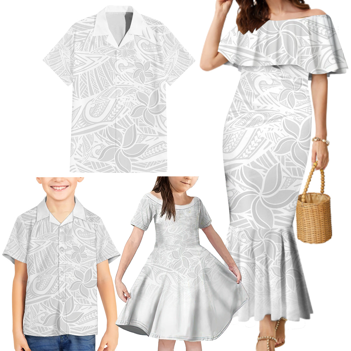 Polynesia White Sunday Family Matching Mermaid Dress and Hawaiian Shirt Polynesian Pattern With Tropical Flowers LT14 - Polynesian Pride