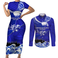 Personalised American Samoa Fautasi Race Couples Matching Short Sleeve Bodycon Dress and Long Sleeve Button Shirts Eagle With Polynesian Pattern LT14 Blue - Polynesian Pride