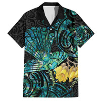 New Zealand Fantail Bird Family Matching Tank Maxi Dress and Hawaiian Shirt Maori Piwakawaka Kowhai - Paua Shell Pattern LT14 Dad's Shirt - Short Sleeve Green - Polynesian Pride