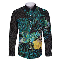 New Zealand Fantail Bird Family Matching Tank Maxi Dress and Hawaiian Shirt Maori Piwakawaka Kowhai - Paua Shell Pattern LT14 Dad's Shirt - Long Sleeve Green - Polynesian Pride