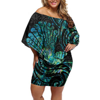 New Zealand Fantail Bird Off Shoulder Short Dress Maori Piwakawaka Kowhai - Paua Shell Pattern LT14 Women Green - Polynesian Pride
