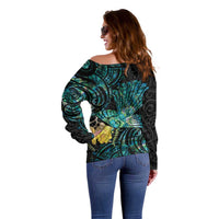 New Zealand Fantail Bird Off Shoulder Sweater Maori Piwakawaka Kowhai - Paua Shell Pattern