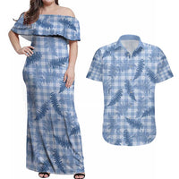 Blue Palaka Hawaii Palapalai Couples Matching Off Shoulder Maxi Dress and Hawaiian Shirt Hawaiian Fern - Polynesian Pride