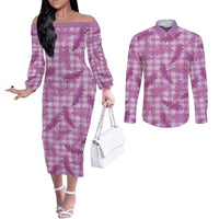 Pink Palaka Hawaii Palapalai Couples Matching Off The Shoulder Long Sleeve Dress and Long Sleeve Button Shirt Hawaiian Fern - Polynesian Pride