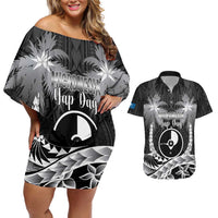 FSM Yap Day Couples Matching Off Shoulder Short Dress and Hawaiian Shirt 2025 Wa'ab Micronesia Black Color