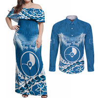 FSM Yap Day Couples Matching Off Shoulder Maxi Dress and Long Sleeve Button Shirt 2025 Wa'ab Micronesia Flag Color