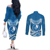 FSM Yap Day Couples Matching Off The Shoulder Long Sleeve Dress and Long Sleeve Button Shirt 2025 Wa'ab Micronesia Flag Color