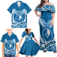 FSM Yap Day Family Matching Off Shoulder Maxi Dress and Hawaiian Shirt 2025 Wa'ab Micronesia Flag Color