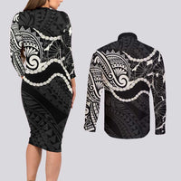 Aloha Hawaii Kalo Pikake Lei Couples Matching Long Sleeve Bodycon Dress and Long Sleeve Button Shirt Chest Tattoo Black Hawaiian Pattern