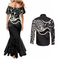 Aloha Hawaii Kalo Pikake Lei Couples Matching Mermaid Dress and Long Sleeve Button Shirt Chest Tattoo Black Hawaiian Pattern
