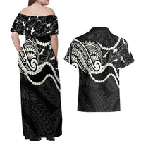 Aloha Hawaii Kalo Pikake Lei Couples Matching Off Shoulder Maxi Dress and Hawaiian Shirt Chest Tattoo Black Hawaiian Pattern