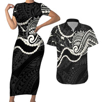 Aloha Hawaii Kalo Pikake Lei Couples Matching Short Sleeve Bodycon Dress and Hawaiian Shirt Chest Tattoo Black Hawaiian Pattern