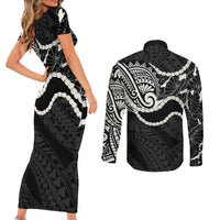 Aloha Hawaii Kalo Pikake Lei Couples Matching Short Sleeve Bodycon Dress and Long Sleeve Button Shirt Chest Tattoo Black Hawaiian Pattern