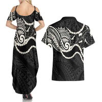 Aloha Hawaii Kalo Pikake Lei Couples Matching Summer Maxi Dress and Hawaiian Shirt Chest Tattoo Black Hawaiian Pattern
