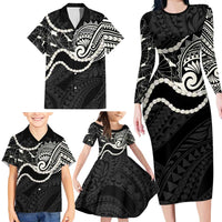 Aloha Hawaii Kalo Pikake Lei Family Matching Long Sleeve Bodycon Dress and Hawaiian Shirt Chest Tattoo Black Hawaiian Pattern