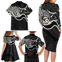 Aloha Hawaii Kalo Pikake Lei Family Matching Long Sleeve Bodycon Dress and Hawaiian Shirt Chest Tattoo Black Hawaiian Pattern