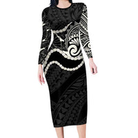 Aloha Hawaii Kalo Pikake Lei Family Matching Long Sleeve Bodycon Dress and Hawaiian Shirt Chest Tattoo Black Hawaiian Pattern