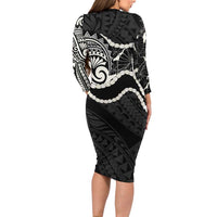 Aloha Hawaii Kalo Pikake Lei Family Matching Long Sleeve Bodycon Dress and Hawaiian Shirt Chest Tattoo Black Hawaiian Pattern