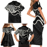 Aloha Hawaii Kalo Pikake Lei Family Matching Short Sleeve Bodycon Dress and Hawaiian Shirt Chest Tattoo Black Hawaiian Pattern